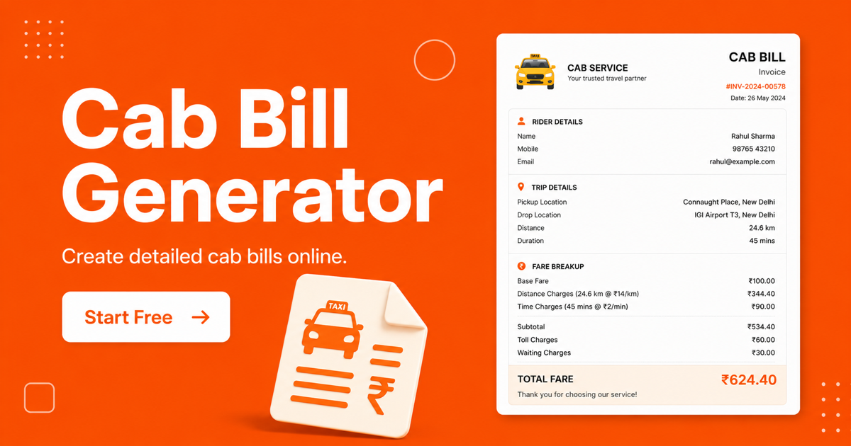 Cab Bill Generator - Create Taxi Receipt PDF Online | My Invoice Generator