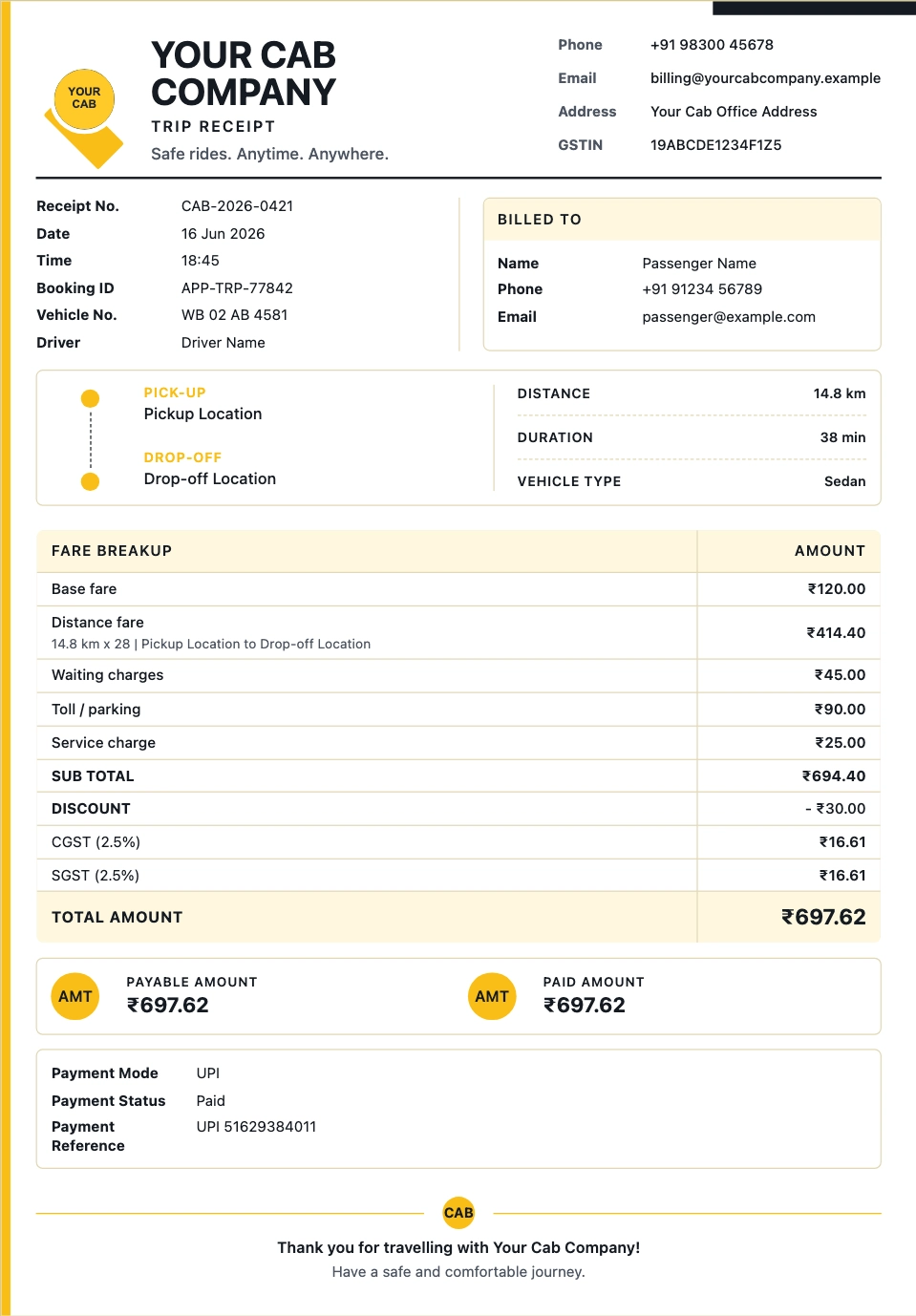 Cab Bill Format template preview