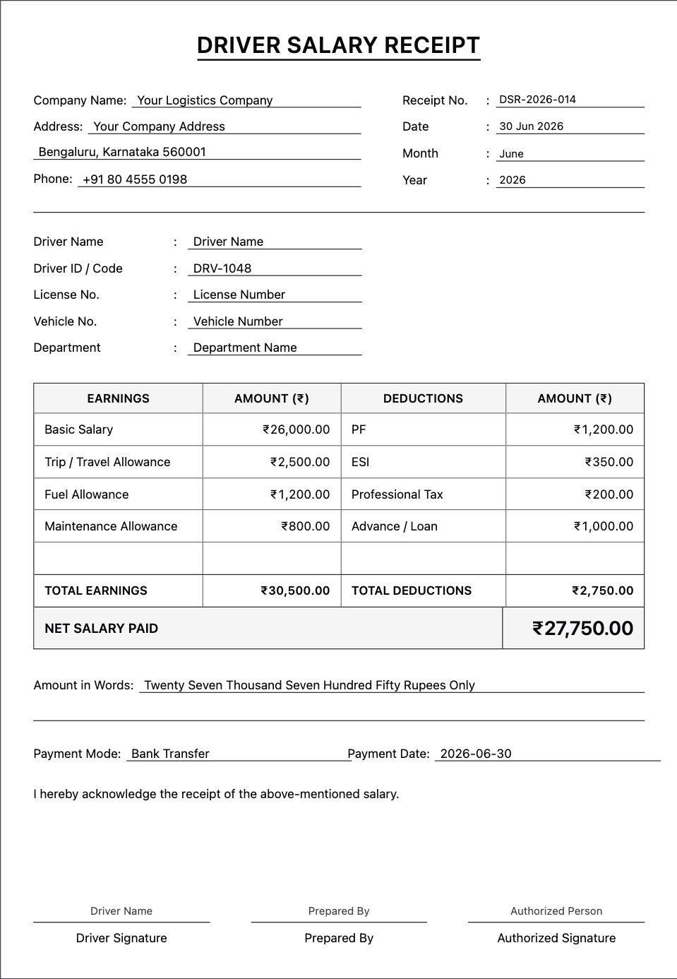 Driver Salary Receipt template preview