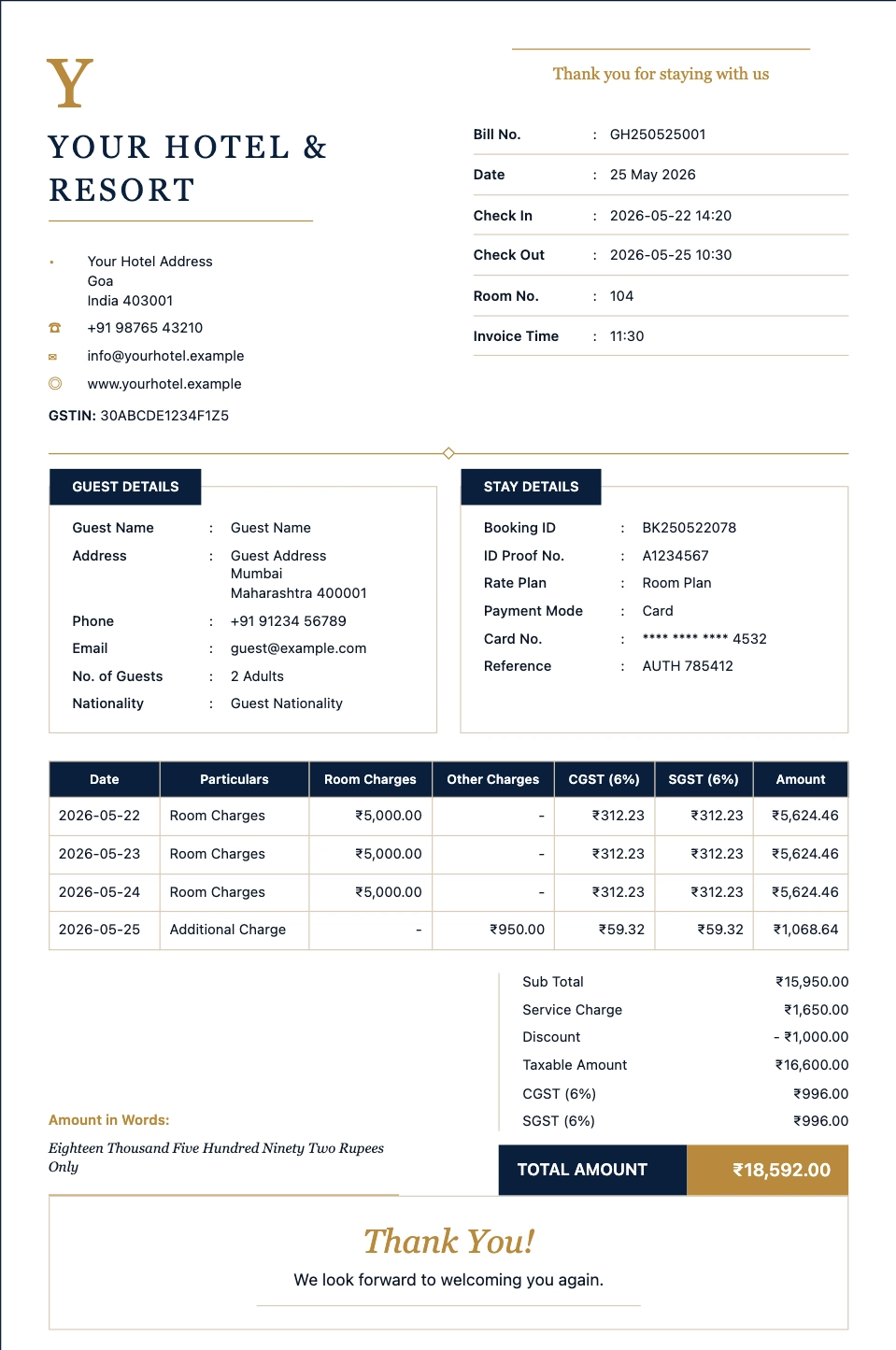 Resort Hotel Bill template preview