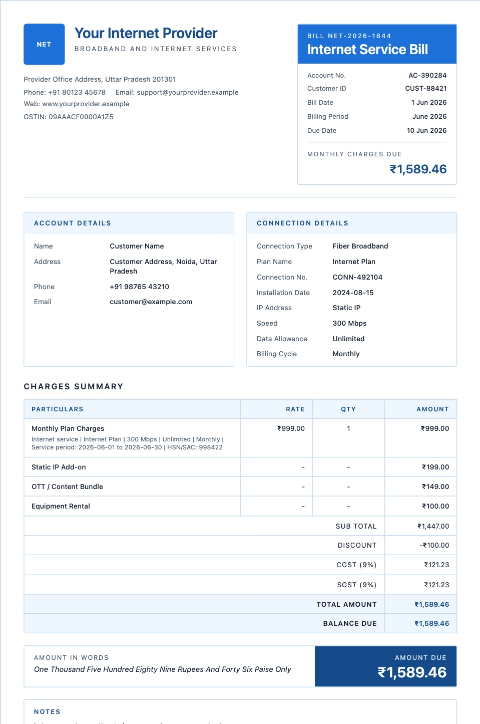 Internet Service Bill template preview