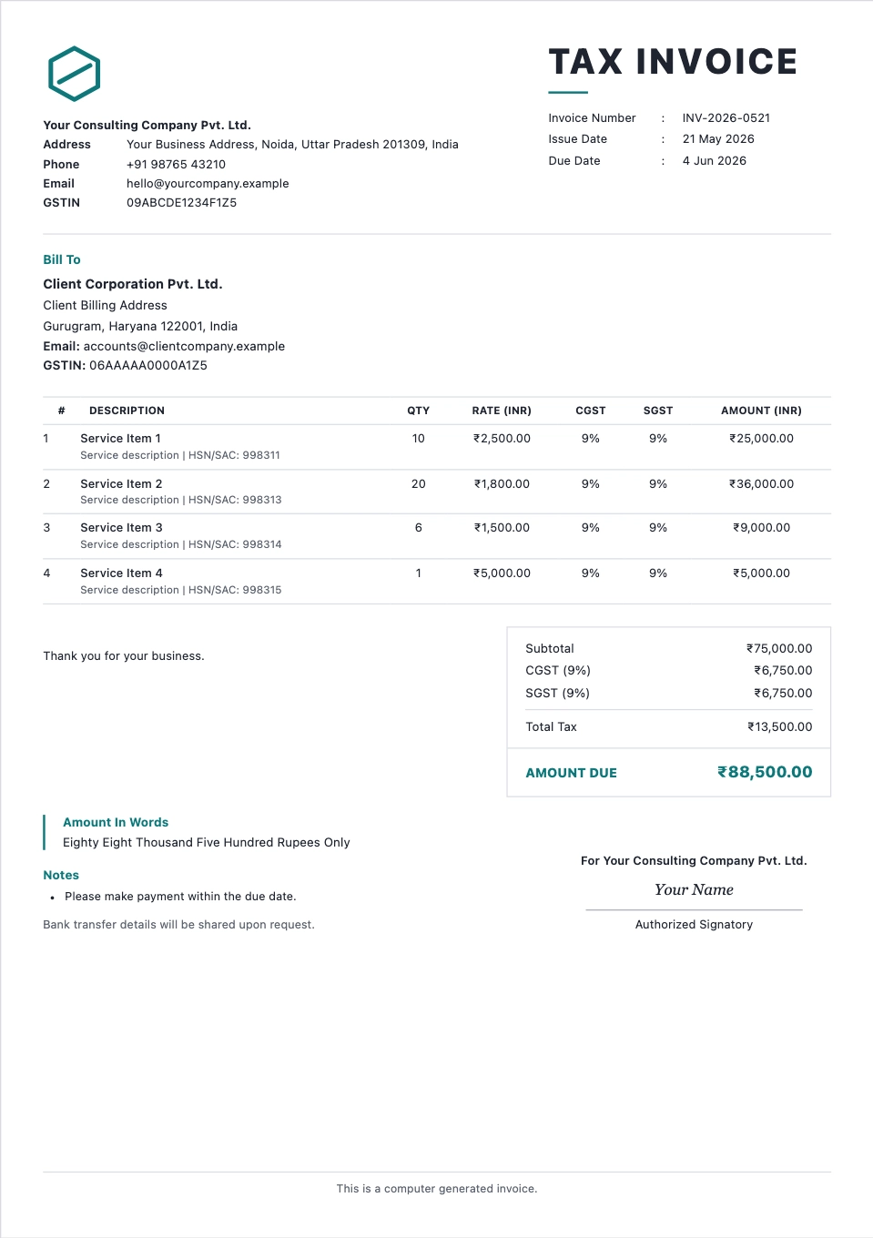 Service Invoice template preview