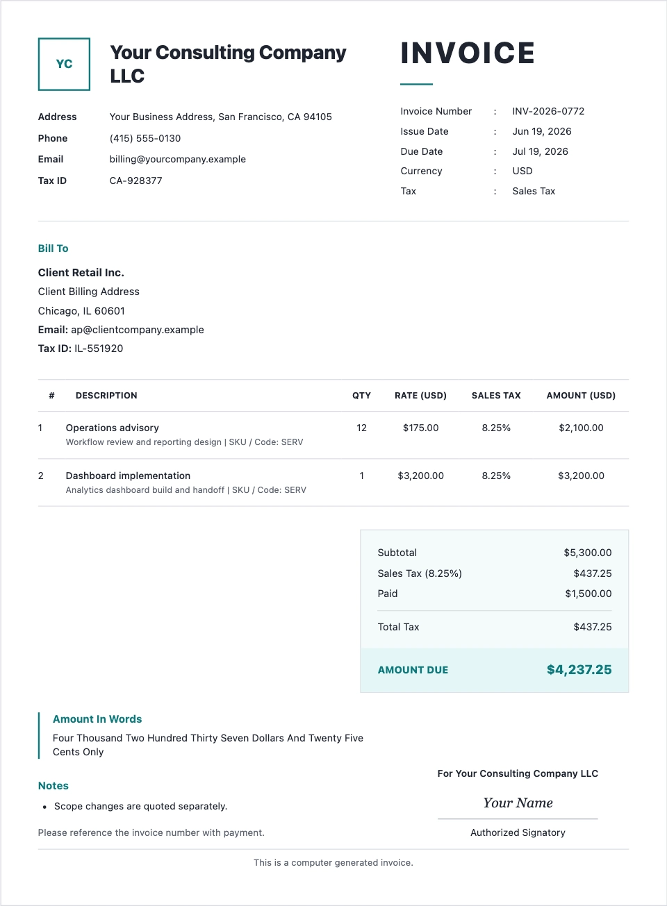 Service invoice template preview with US sales tax and USD totals