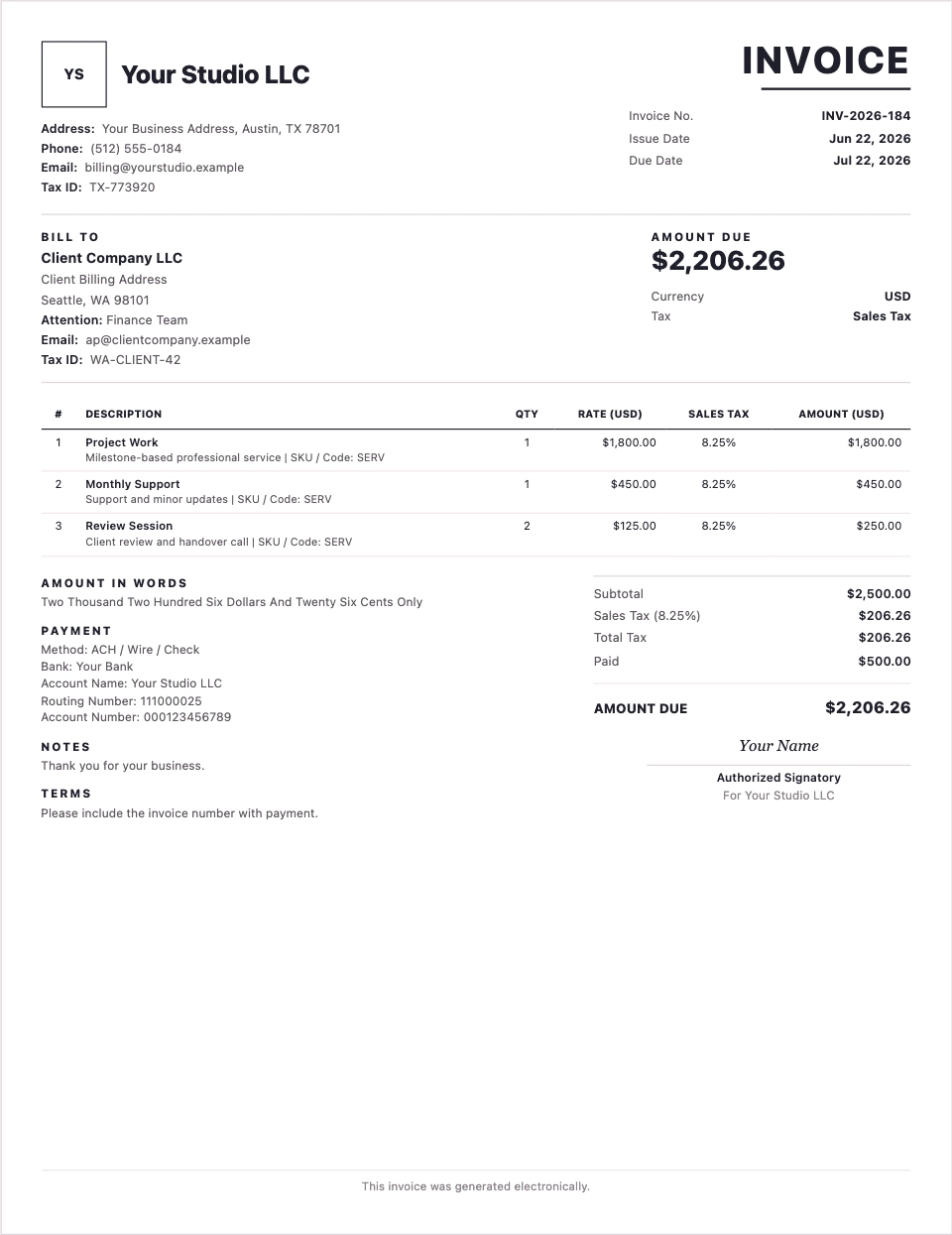 Freelance invoice template preview with US sales tax and USD totals