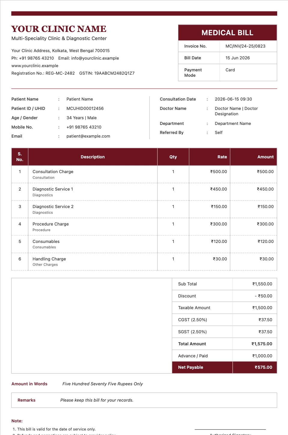 Clinic and Hospital Bill template preview