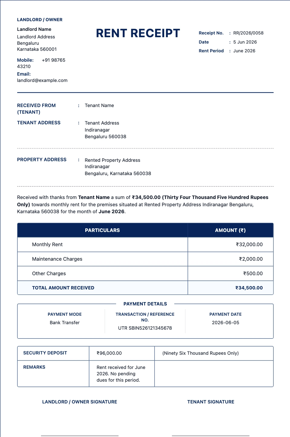 Rent Receipt Format template preview
