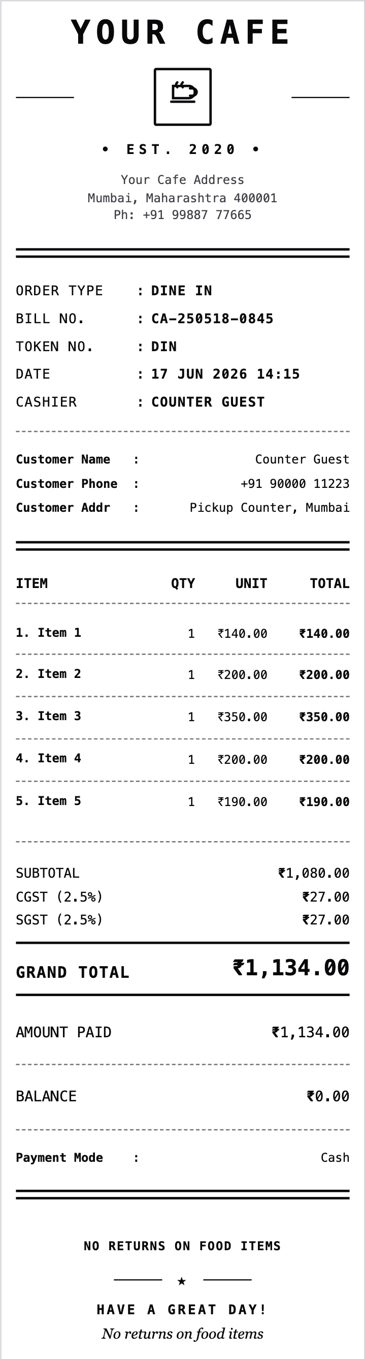 Cafe Receipt template preview