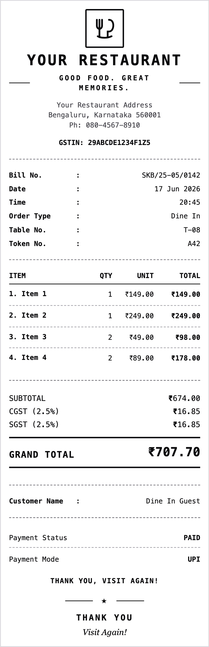Compact Restaurant Receipt template preview
