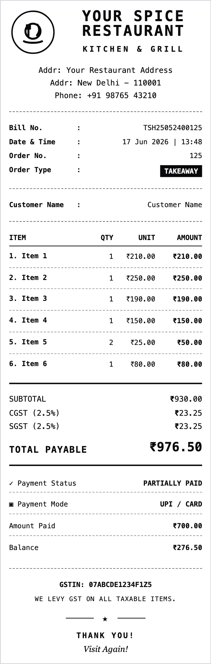 Restaurant Takeaway Receipt template preview