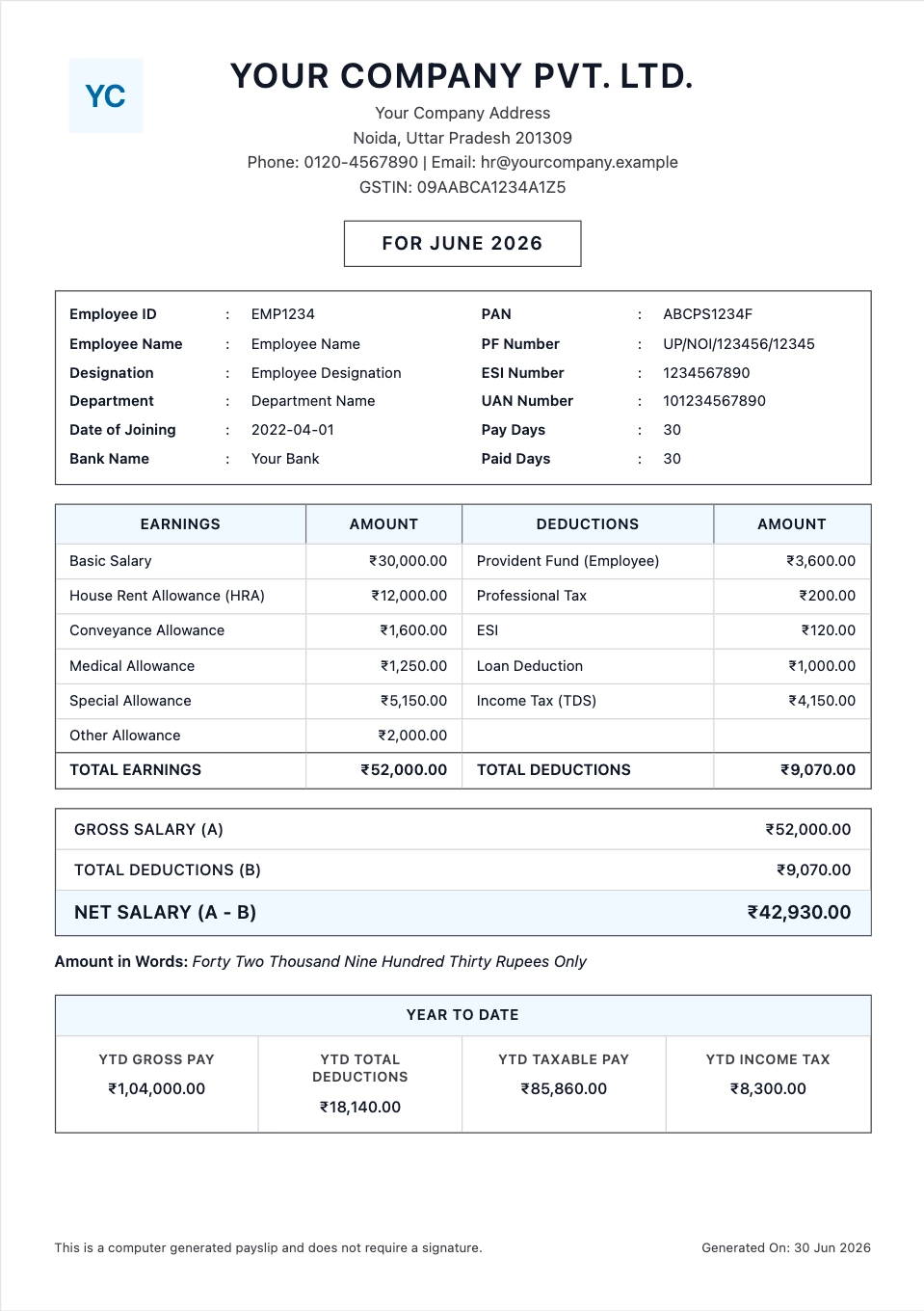 Employee Salary Slip template preview