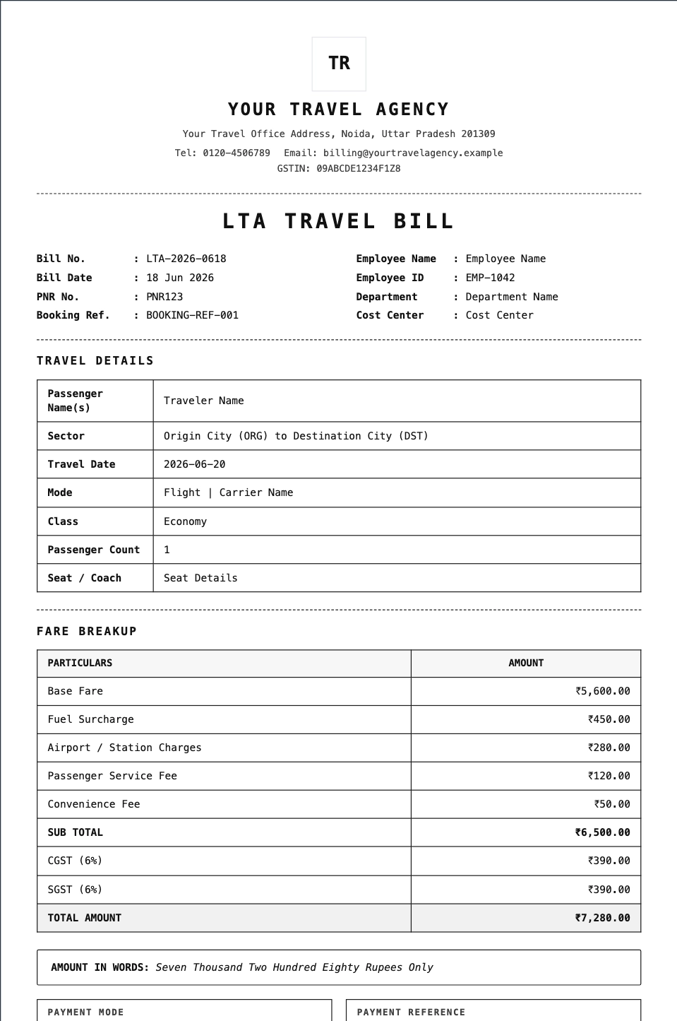 Travel Bill Format template preview